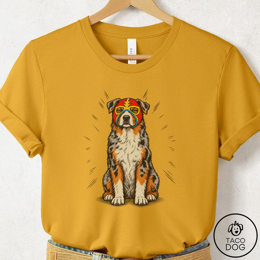 Australian Shepherd Luchador 2 T-Shirt Mustard Taco-Dog