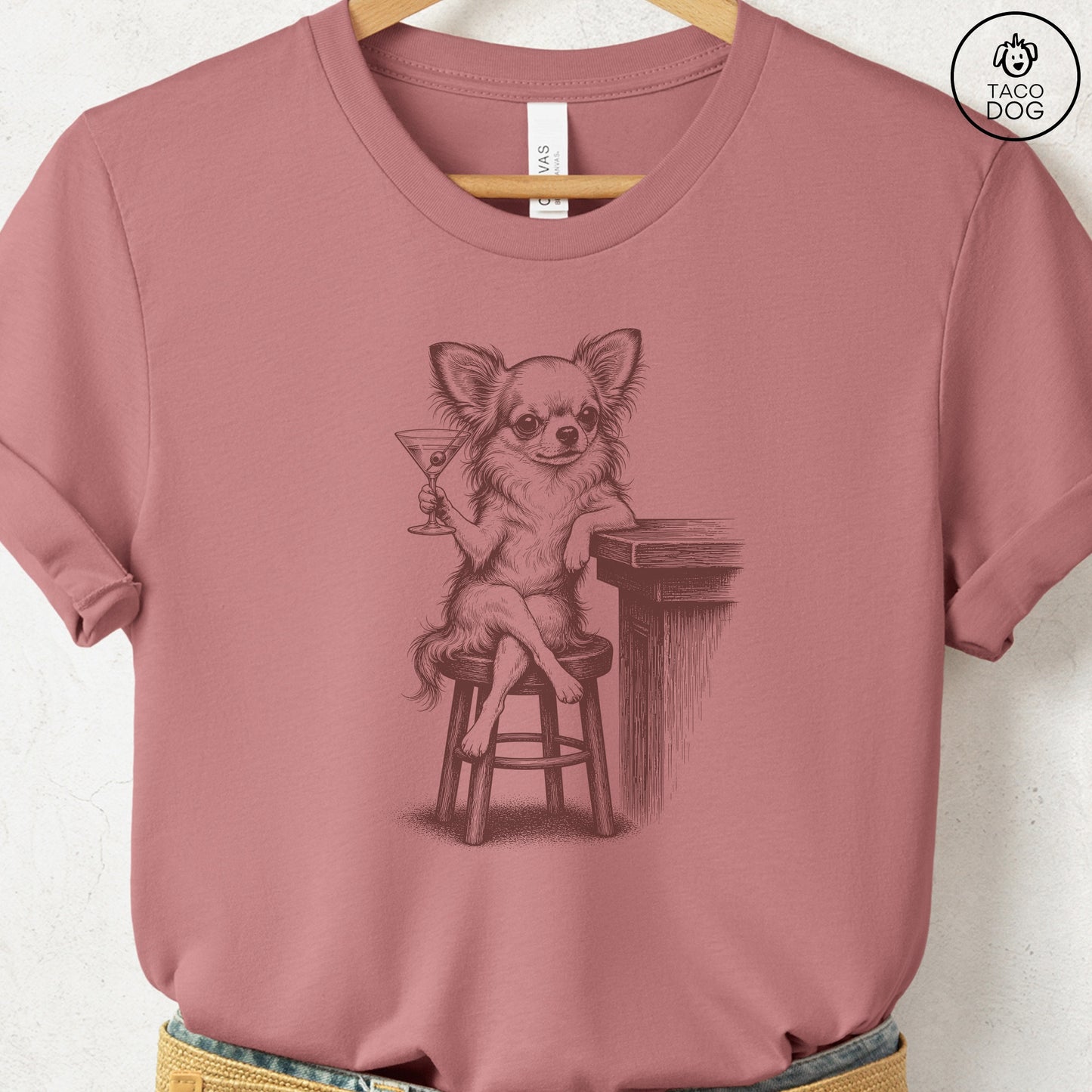 Chihuahua Martini T-Shirt Heather Mauve S Taco-Dog