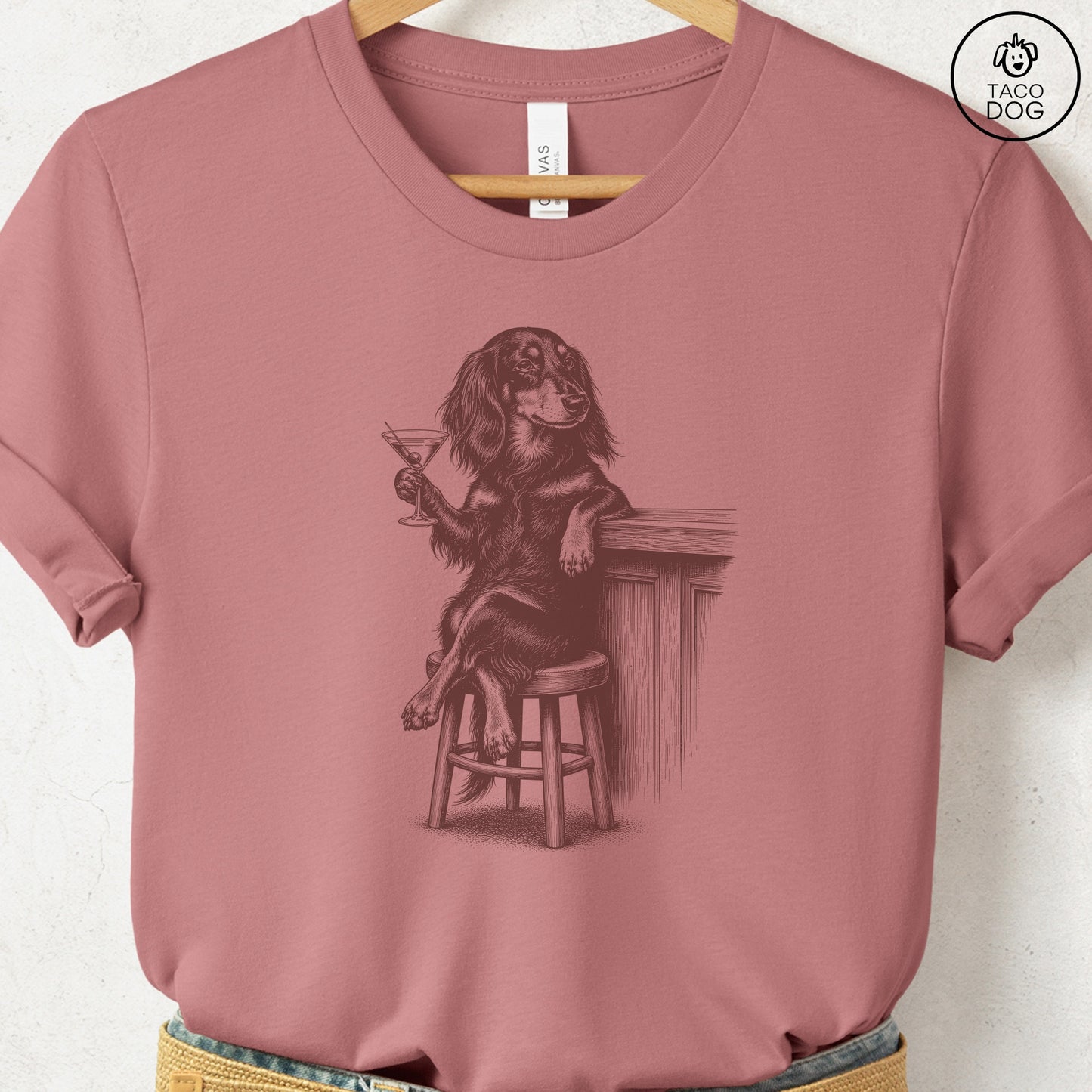 Dachshund Martini T-Shirt Heather Mauve S Taco-Dog