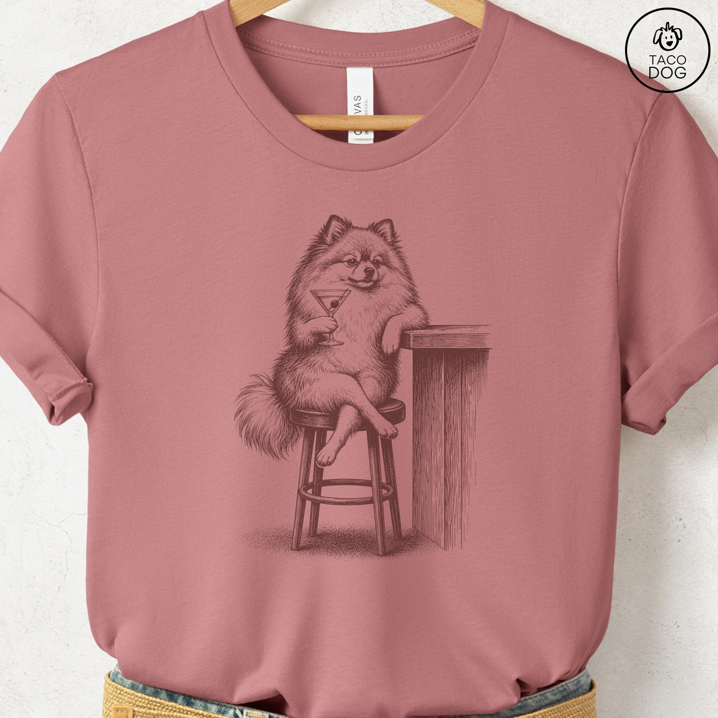 Pomeranian Martini T-Shirt Heather Mauve S Taco-Dog