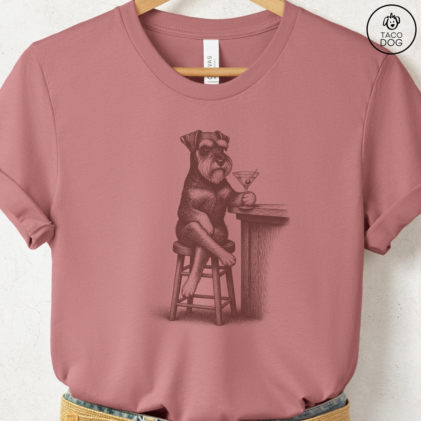Schnauzer Martini T-Shirt Heather Mauve S Taco-Dog