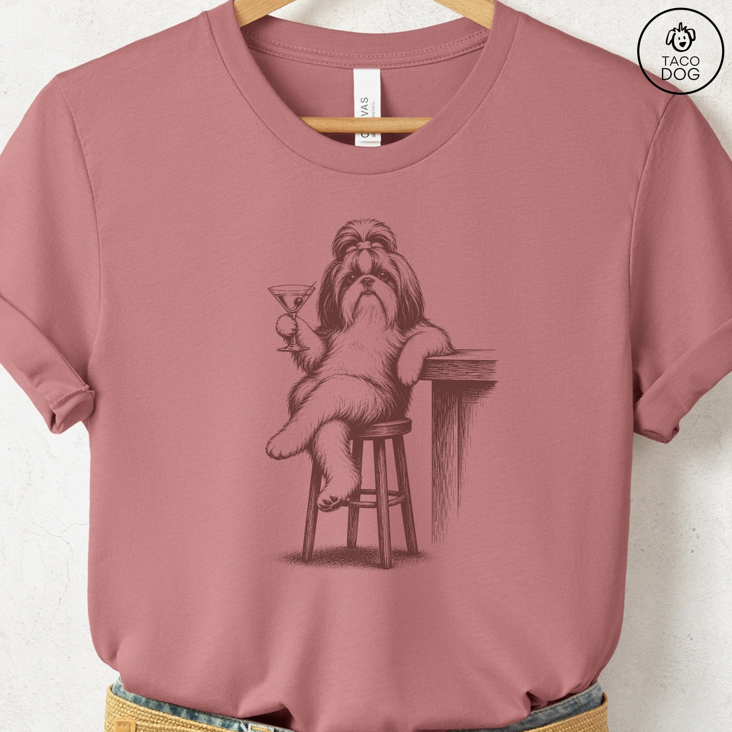 Shih Tzu Martini T-Shirt Heather Mauve S Taco-Dog