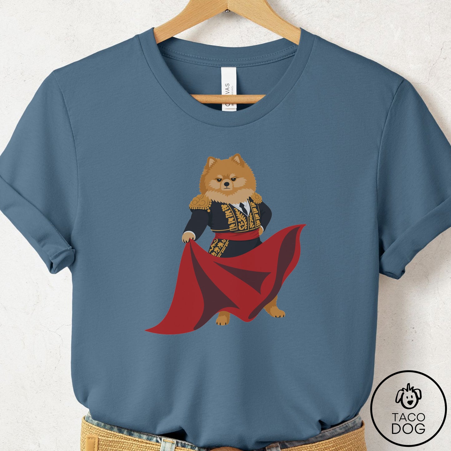 Pomeranian Matador T-Shirt Steel Blue Taco-Dog