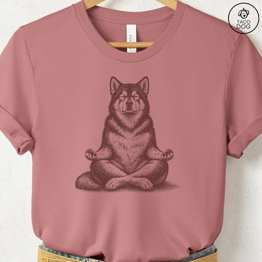 Malamute Meditate T-Shirt Heather Mauve Taco-Dog