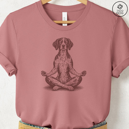 Brittany Spaniel Meditate T-Shirt Heather Mauve Taco-Dog