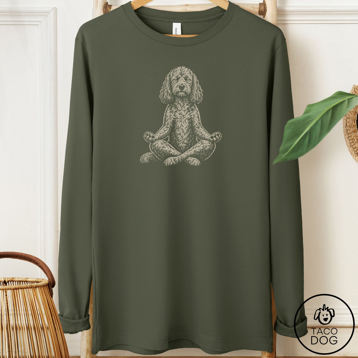 Cockapoo Meditate Long Sleeve Tee Military Green Taco-Dog