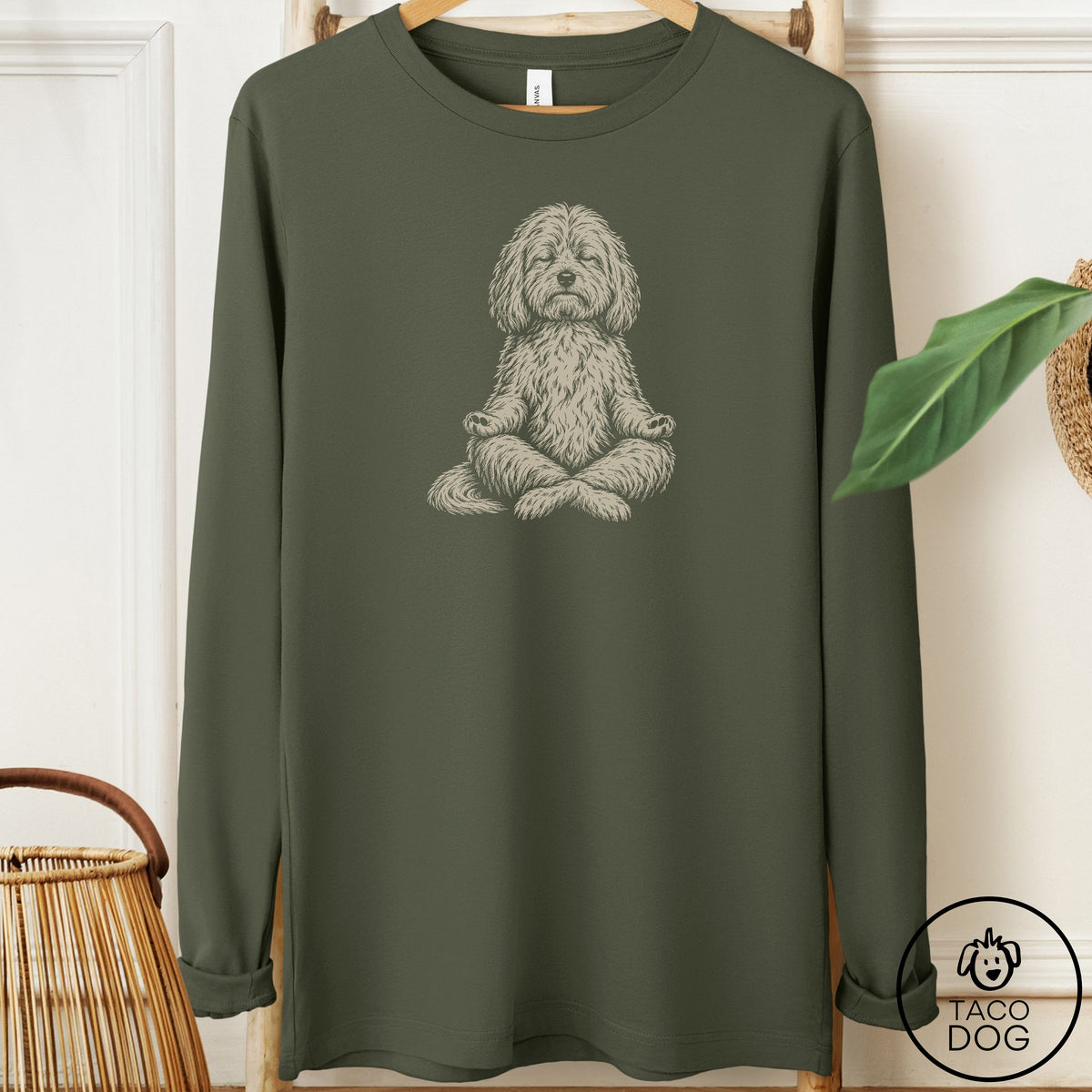 Coton De Tulear Meditate Long Sleeve Tee Military Green Taco-Dog