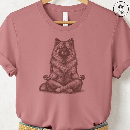 Keeshond Meditate T-Shirt Heather Mauve Taco-Dog