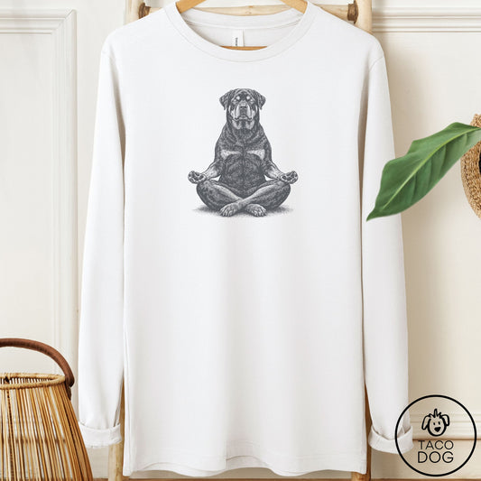 Rottweiler Meditate Long Sleeve Tee White Taco-Dog