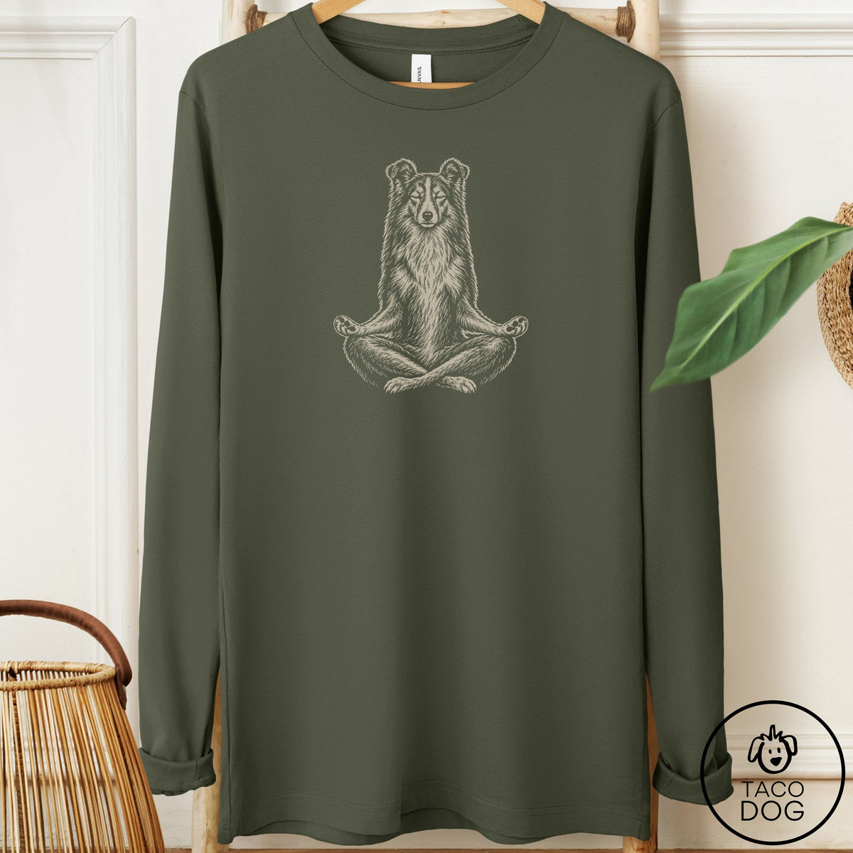 Shetland Sheepdog Meditate Long Sleeve Tee Military Green Taco-Dog