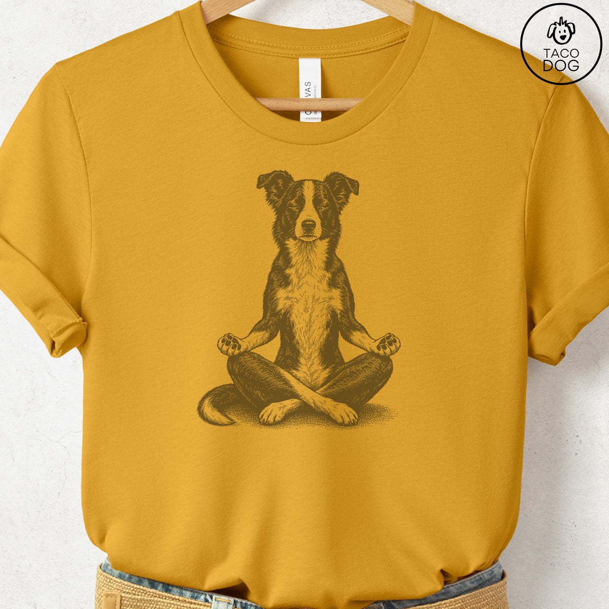 Border Collie Meditate T-Shirt Mustard Taco-Dog