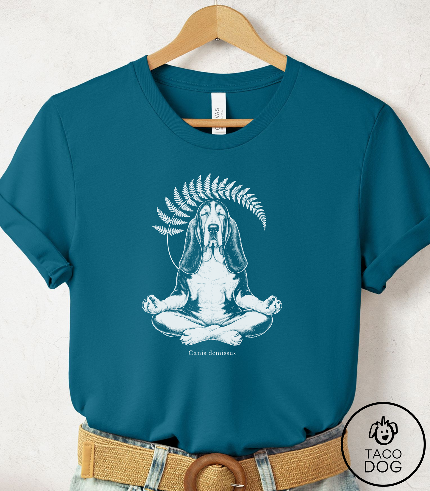 Basset Hound Meditation Cyanotype Tee Deep Teal Taco-Dog