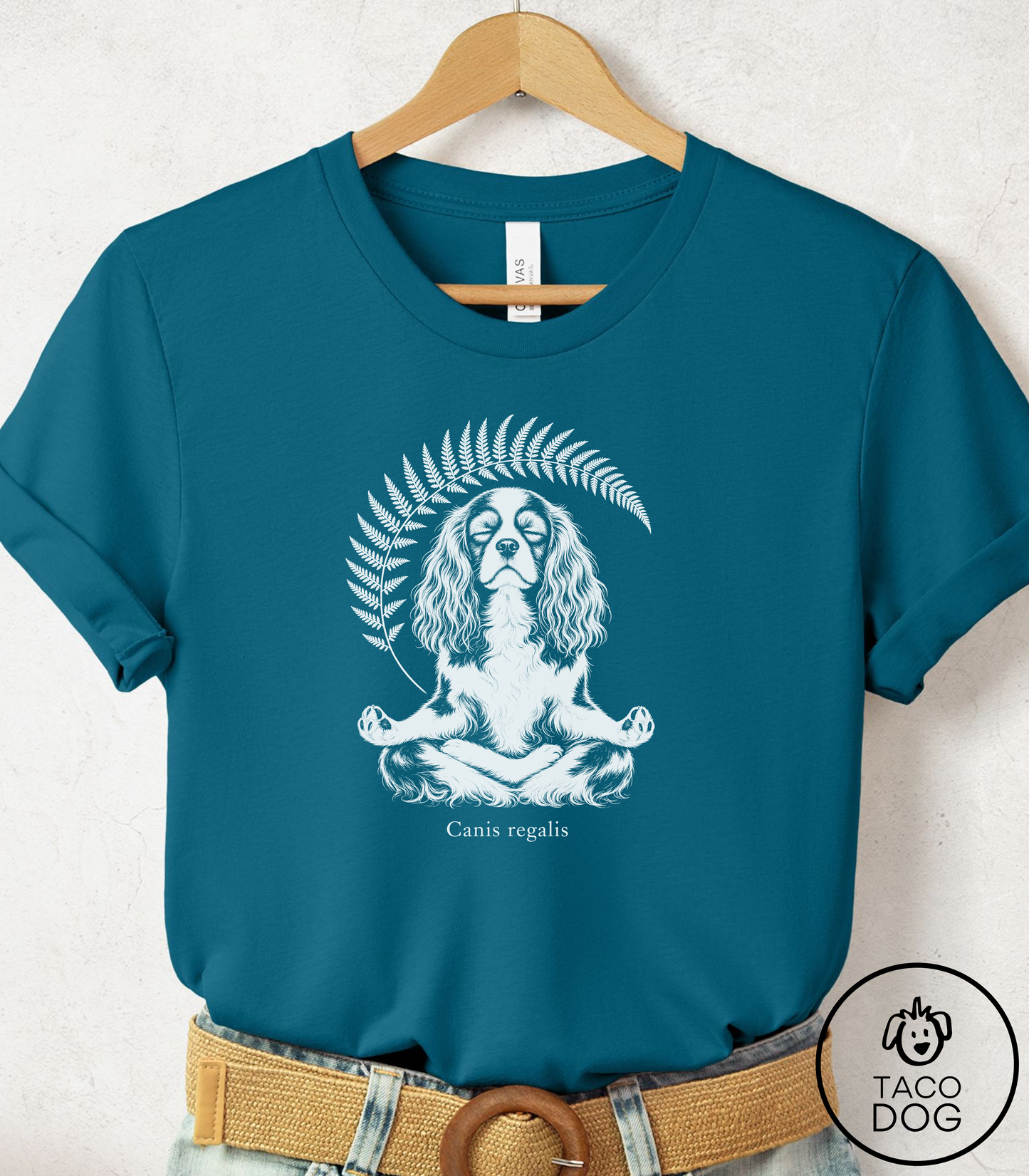 Cavalier King Charles Spaniel Meditation Cyanotype Tee Deep Teal Taco-Dog