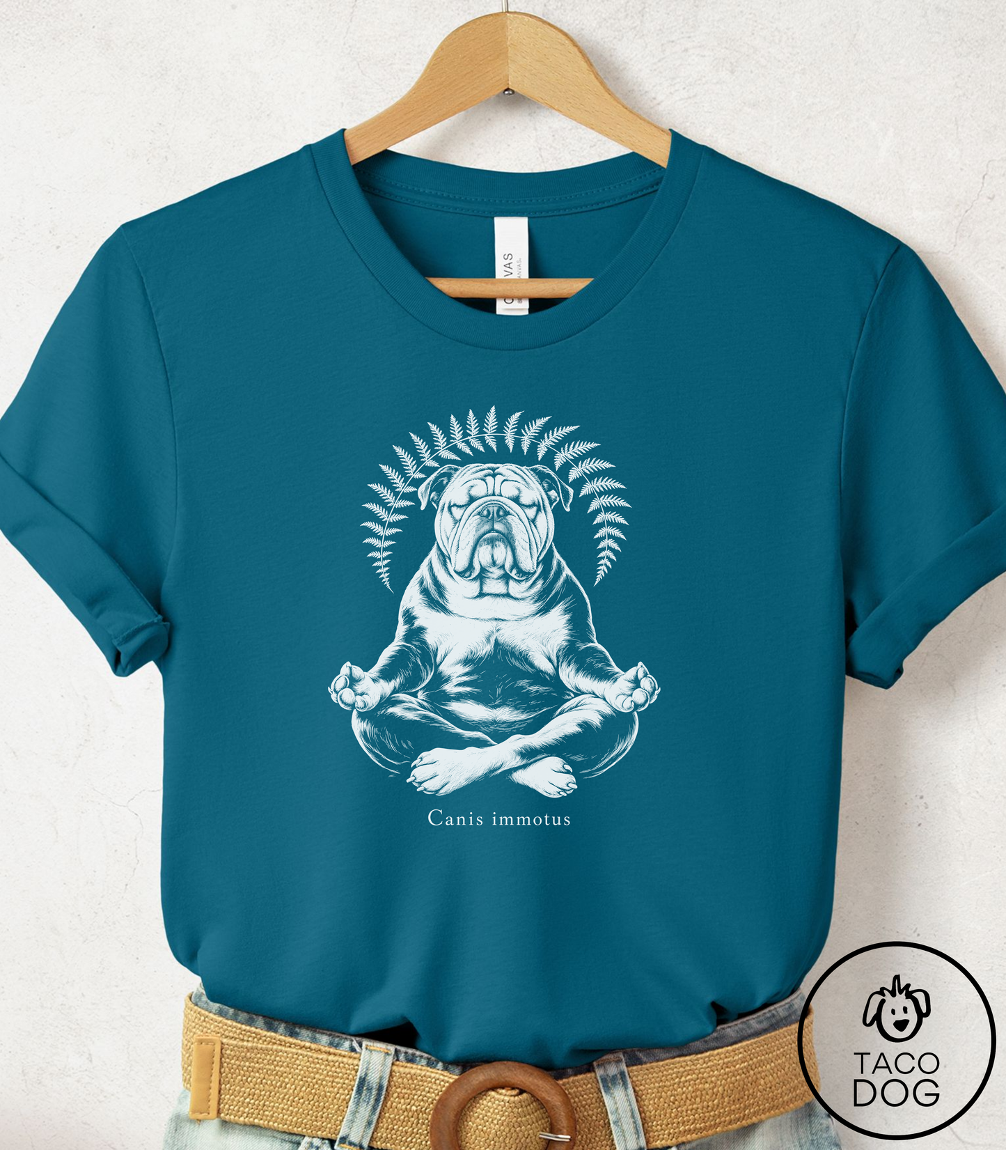English Bulldog Meditation Cyanotype Tee Deep Teal Taco-Dog