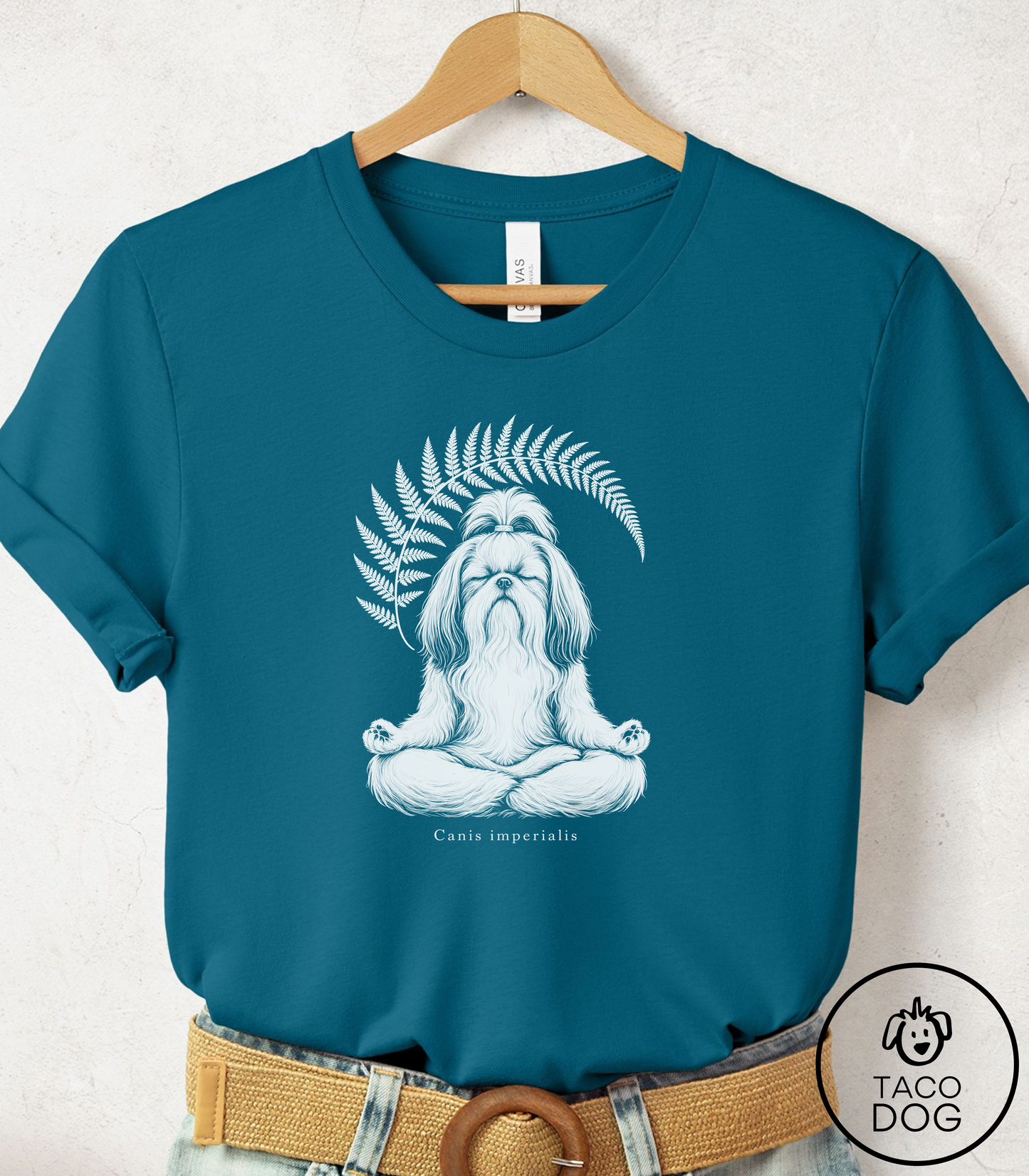 Shih Tzu Meditation Cyanotype Tee Deep Teal Taco-Dog