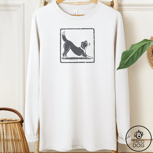 Border Collie Morning Stretch Long Sleeve Tee White Taco-Dog
