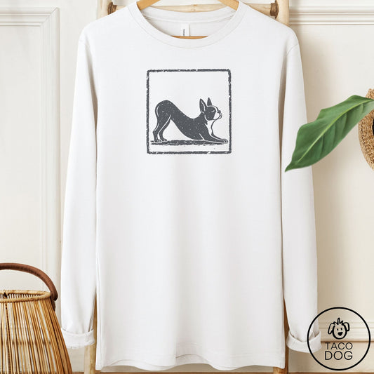 Boston Terrier Morning Stretch Long Sleeve Tee White Taco-Dog