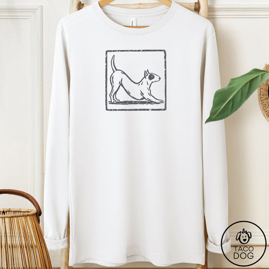 Bull Terrier Morning Stretch Long Sleeve Tee White Taco-Dog