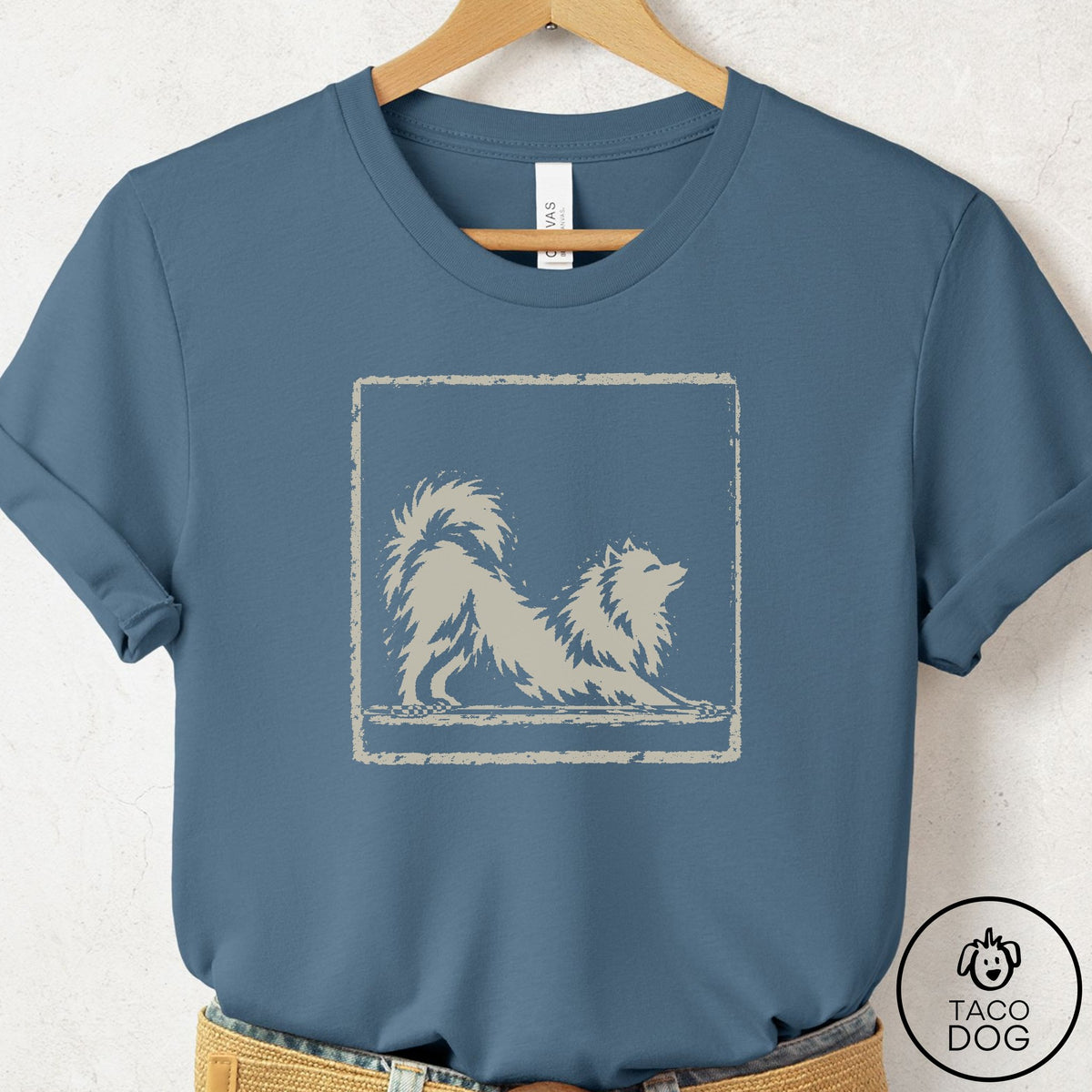 Pomeranian Morning Stretch T-Shirt Steel Blue Taco-Dog