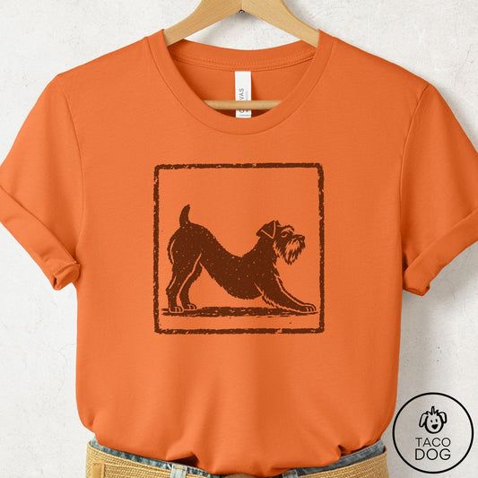 Schnauzer Morning Stretch T-Shirt Burnt Orange Taco-Dog
