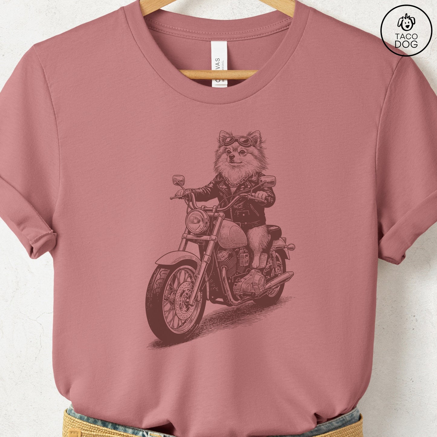 Pomeranian Motorbike T-Shirt Heather Mauve S Taco-Dog