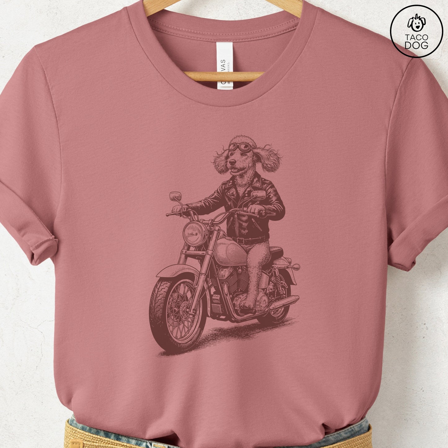 Poodle Motorbike T-Shirt Heather Mauve S Taco-Dog