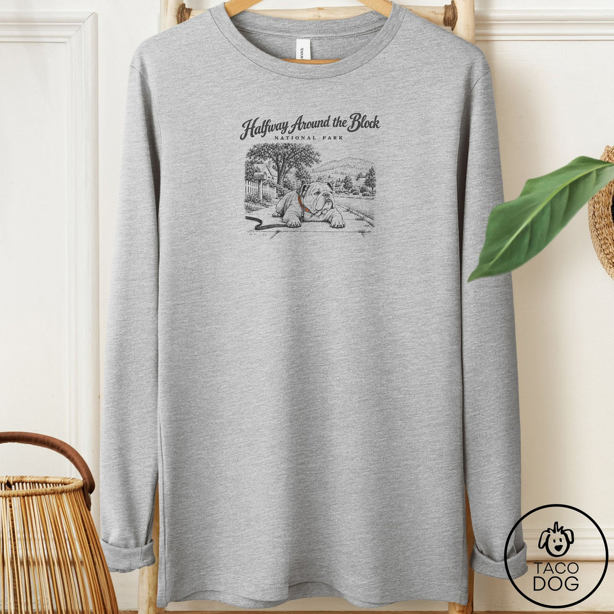 English Bulldog National Park Long Sleeve Tee Athletic Heather Taco-Dog