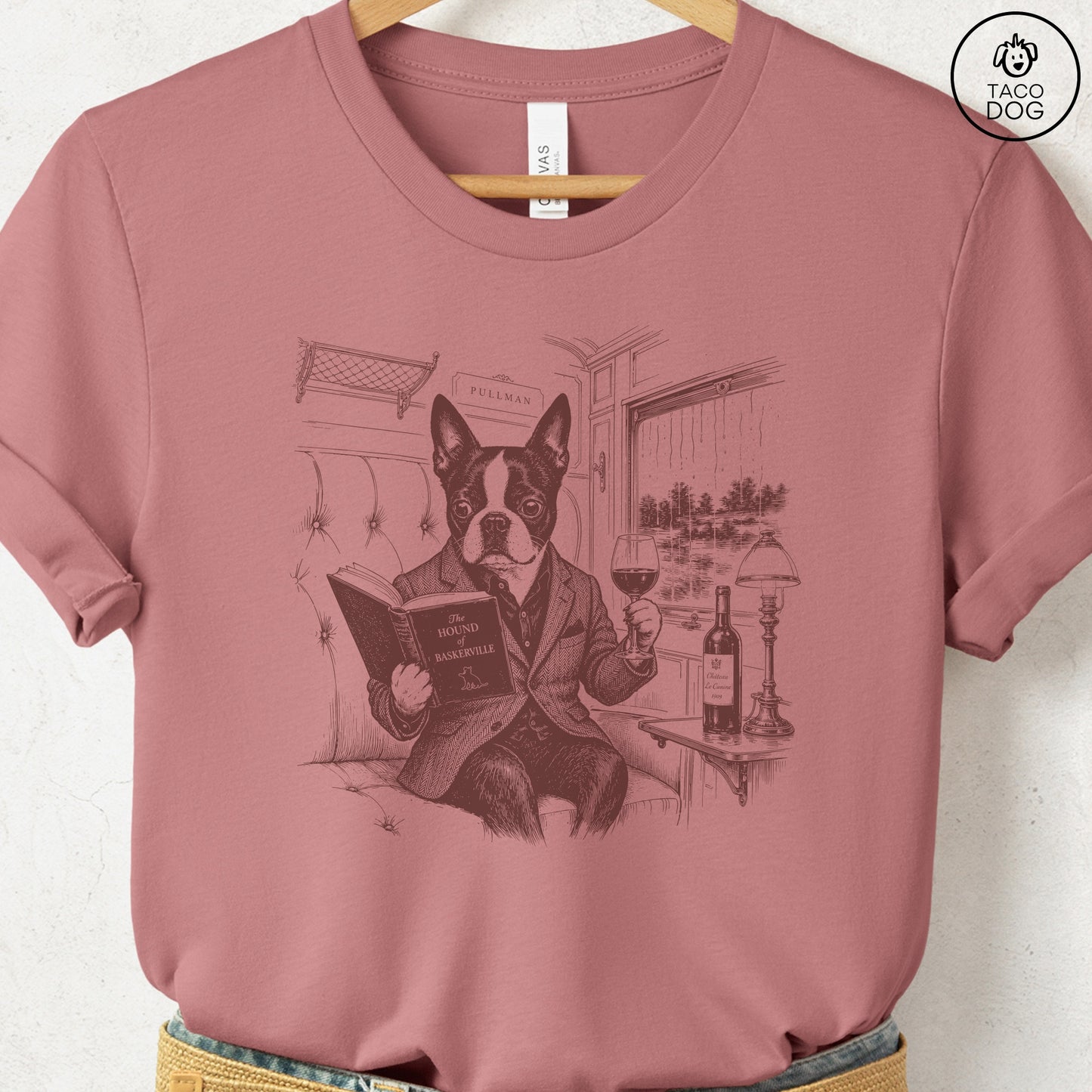 Boston Terrier Night Train T-Shirt Heather Mauve Taco-Dog