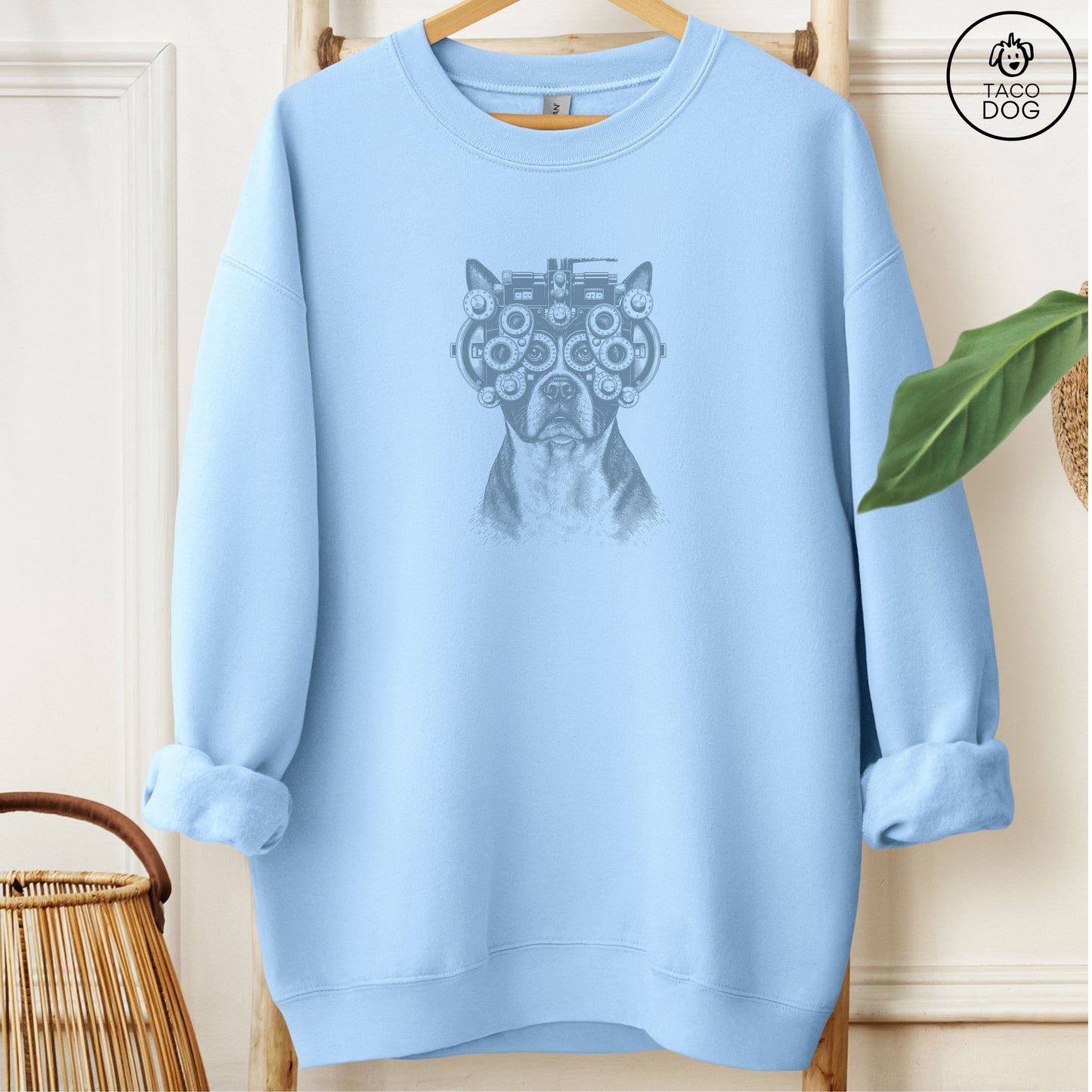 Boston Terrier Optometrist Sweatshirt Light Blue Taco-Dog