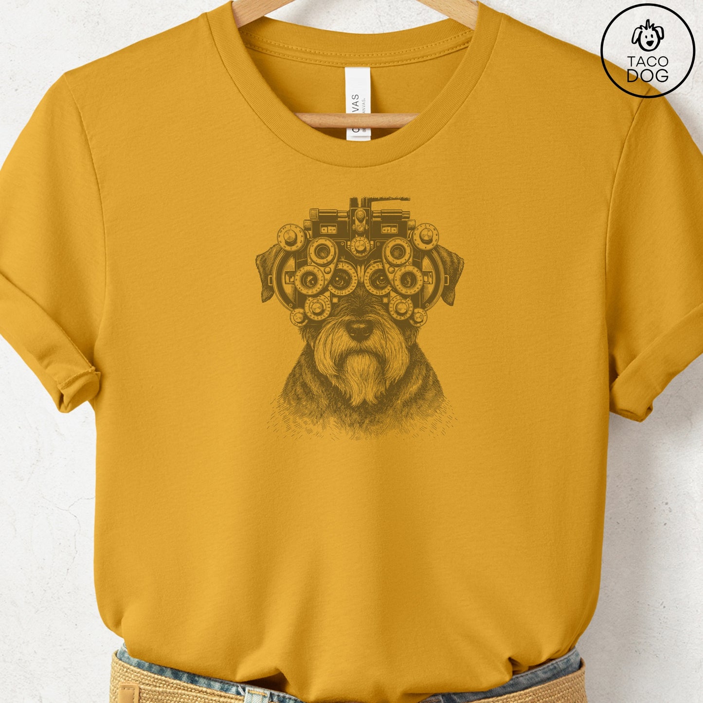 Schnauzer Optometrist T-Shirt Mustard Taco-Dog