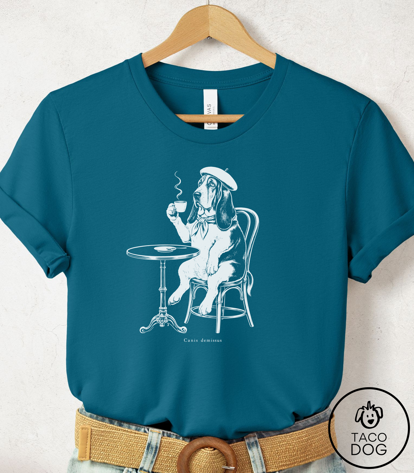 Basset Hound Paris Cafe Cyanotype Tee Deep Teal Taco-Dog