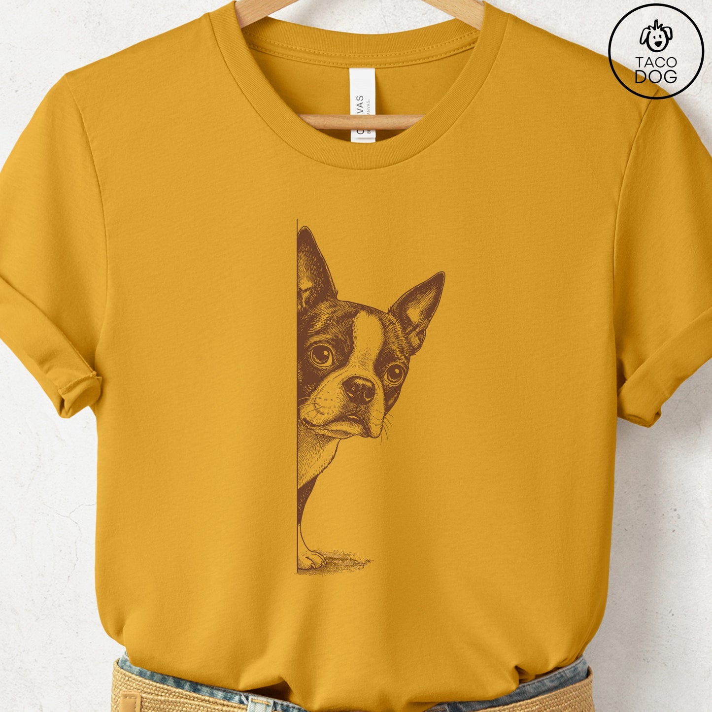 Boston Terrier Peeking T-Shirt Mustard S Taco-Dog
