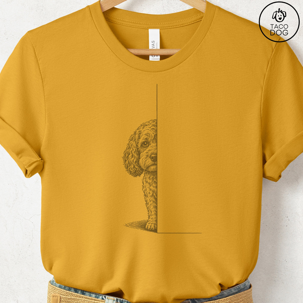 Cockapoo Peeking T-Shirt Mustard Taco-Dog