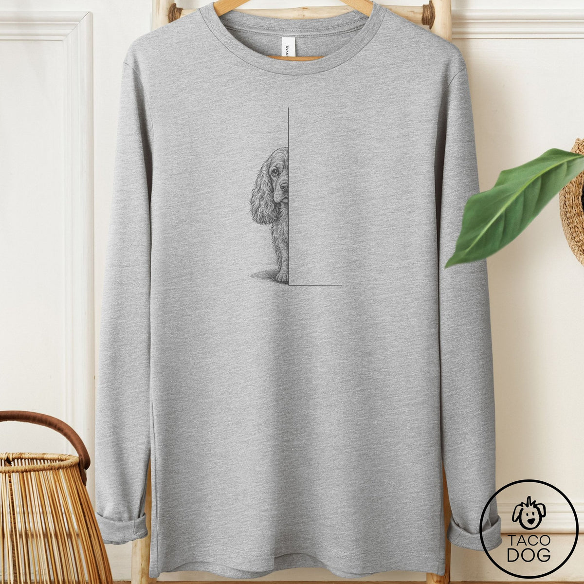 Cocker Spaniel Peeking Long Sleeve Tee Athletic Heather Taco-Dog