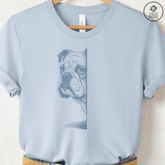 English Bulldog Peeking T-Shirt Light Blue Taco-Dog