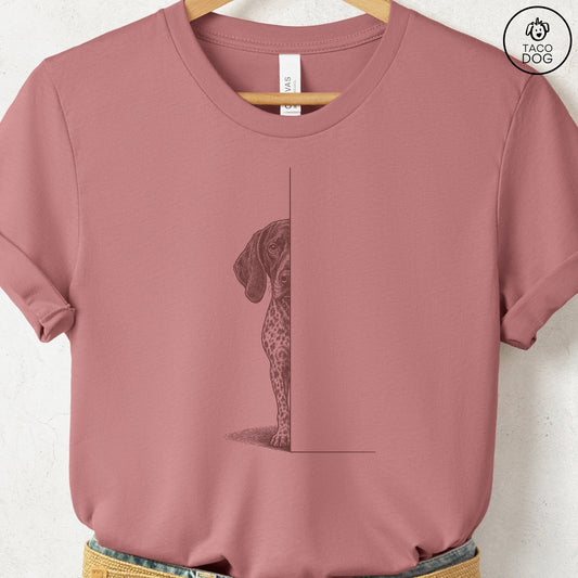 German Shorthaired Pointer Peeking T-Shirt Heather Mauve Taco-Dog