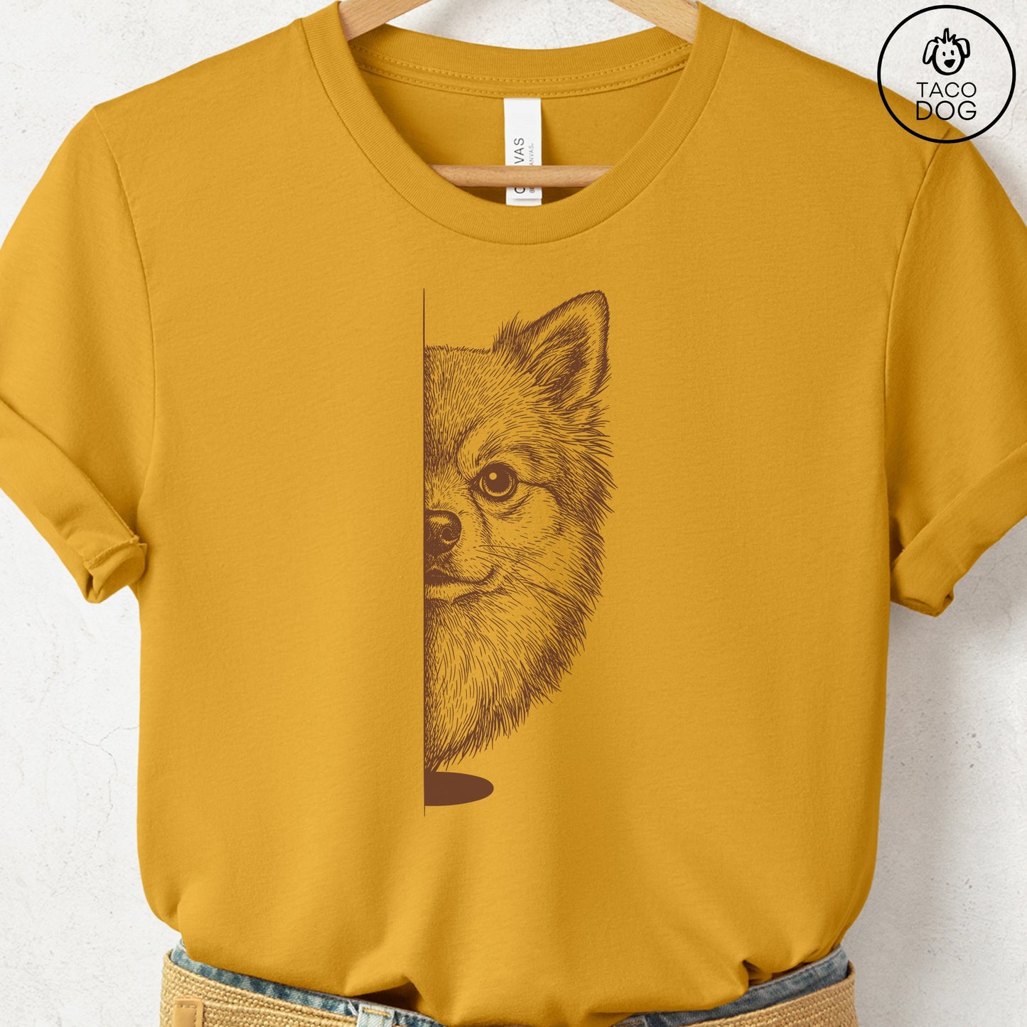 Pomeranian Peeking T-Shirt Mustard S Taco-Dog