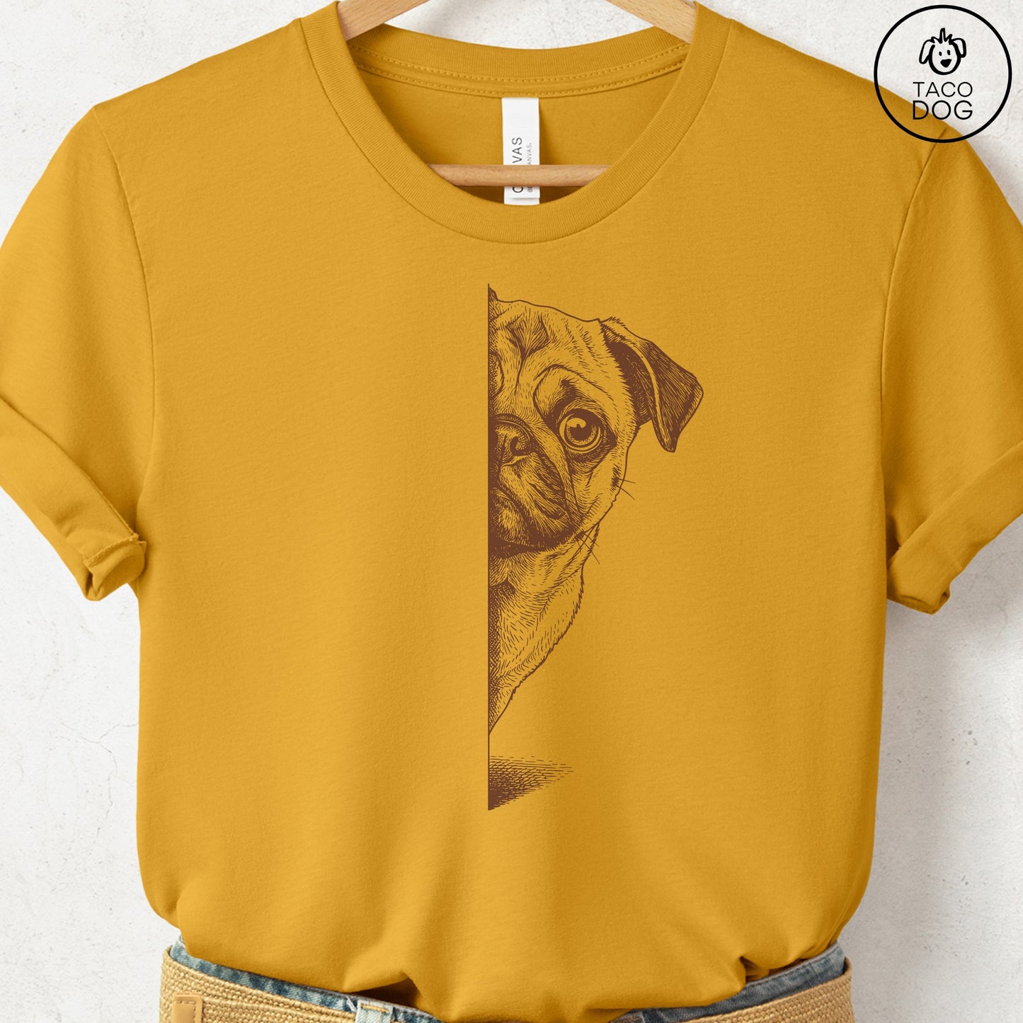 Pug Peeking T-Shirt Mustard S Taco-Dog