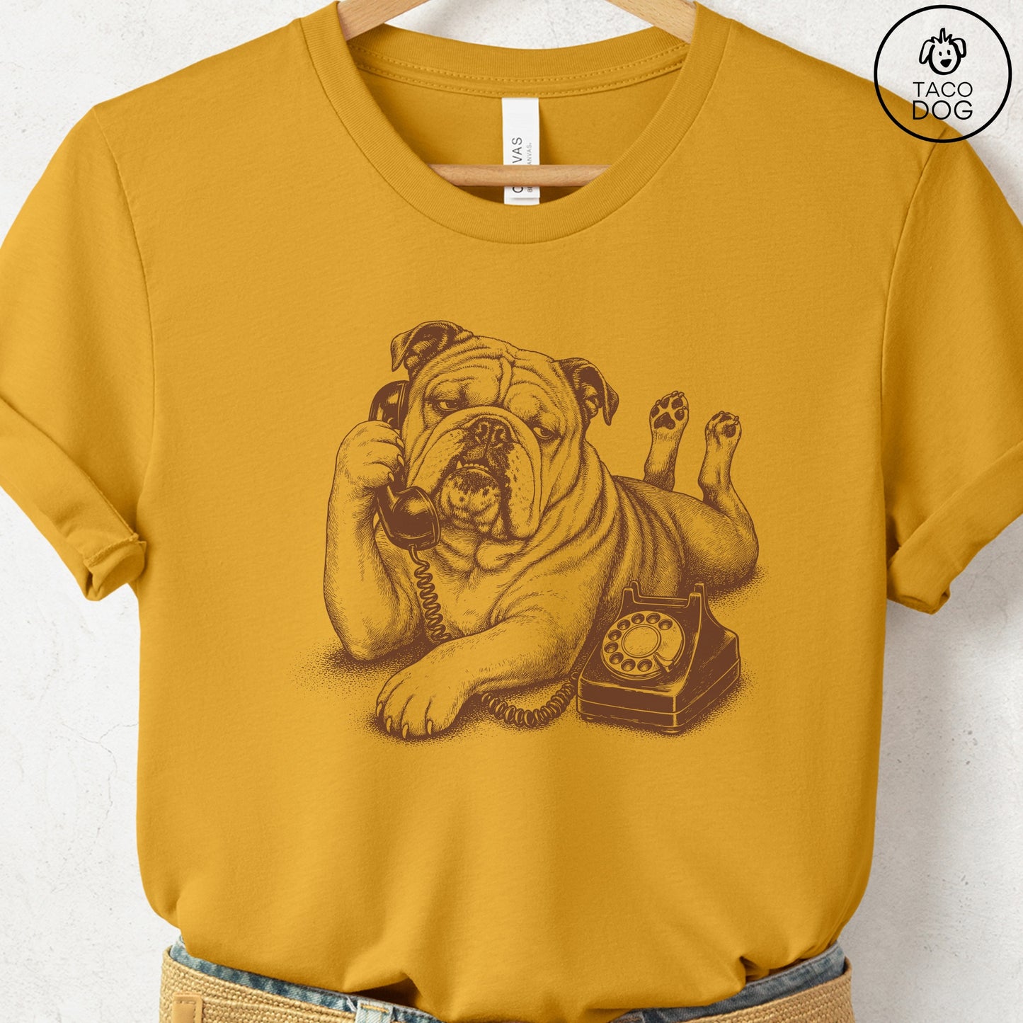 English Bulldog Phone T-Shirt Mustard Taco-Dog