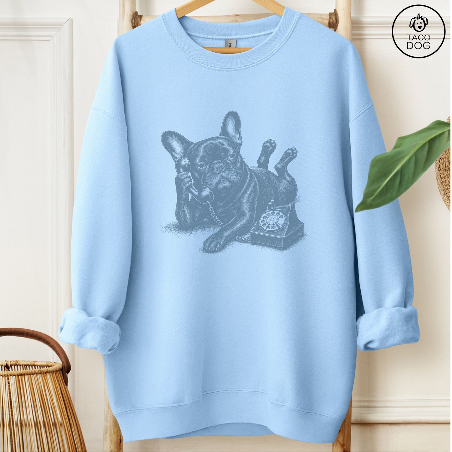 French Bulldog Frenchie Phone Sweatshirt Light Blue Taco-Dog