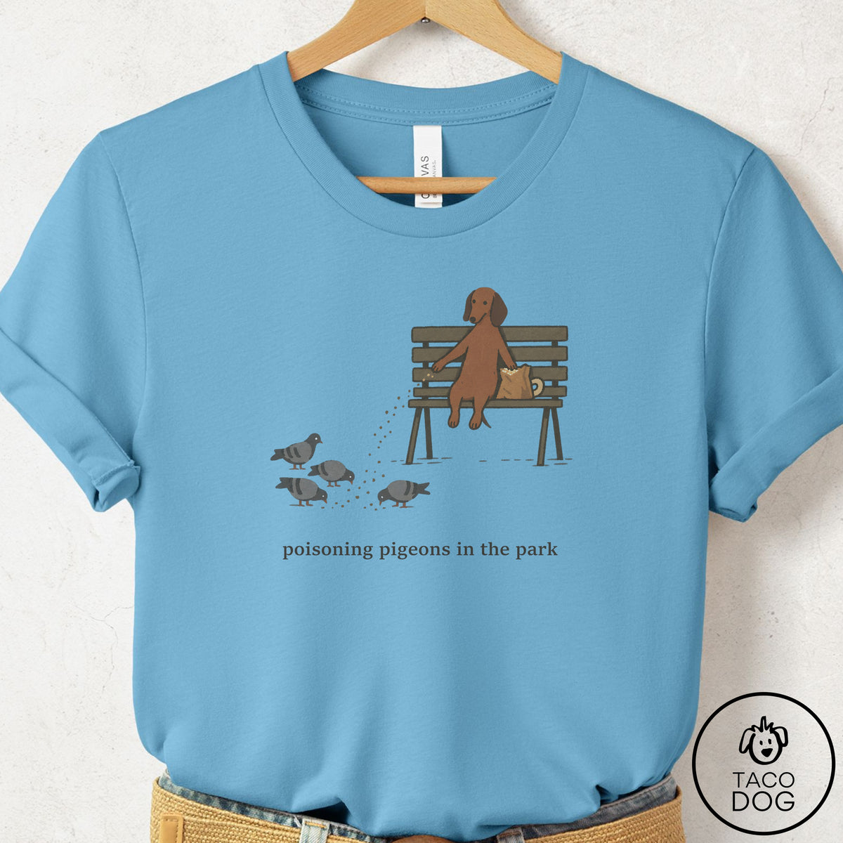 Dachshund Pigeons in the Park T-Shirt Ocean Blue Taco-Dog