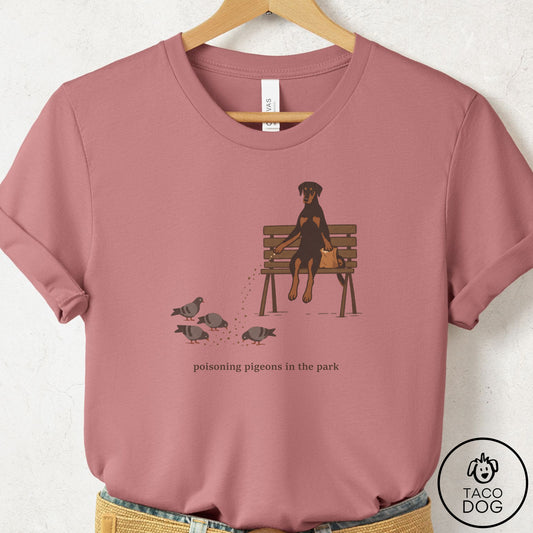 Doberman Pigeons in the Park T-Shirt Mauve Taco-Dog