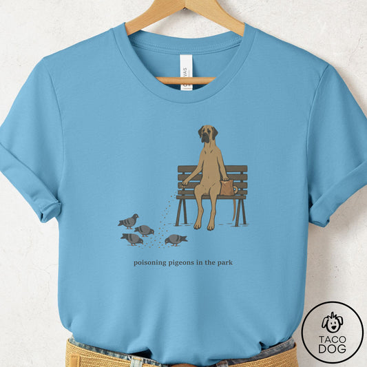 Great Dane Pigeons in the Park T-Shirt Ocean Blue Taco-Dog
