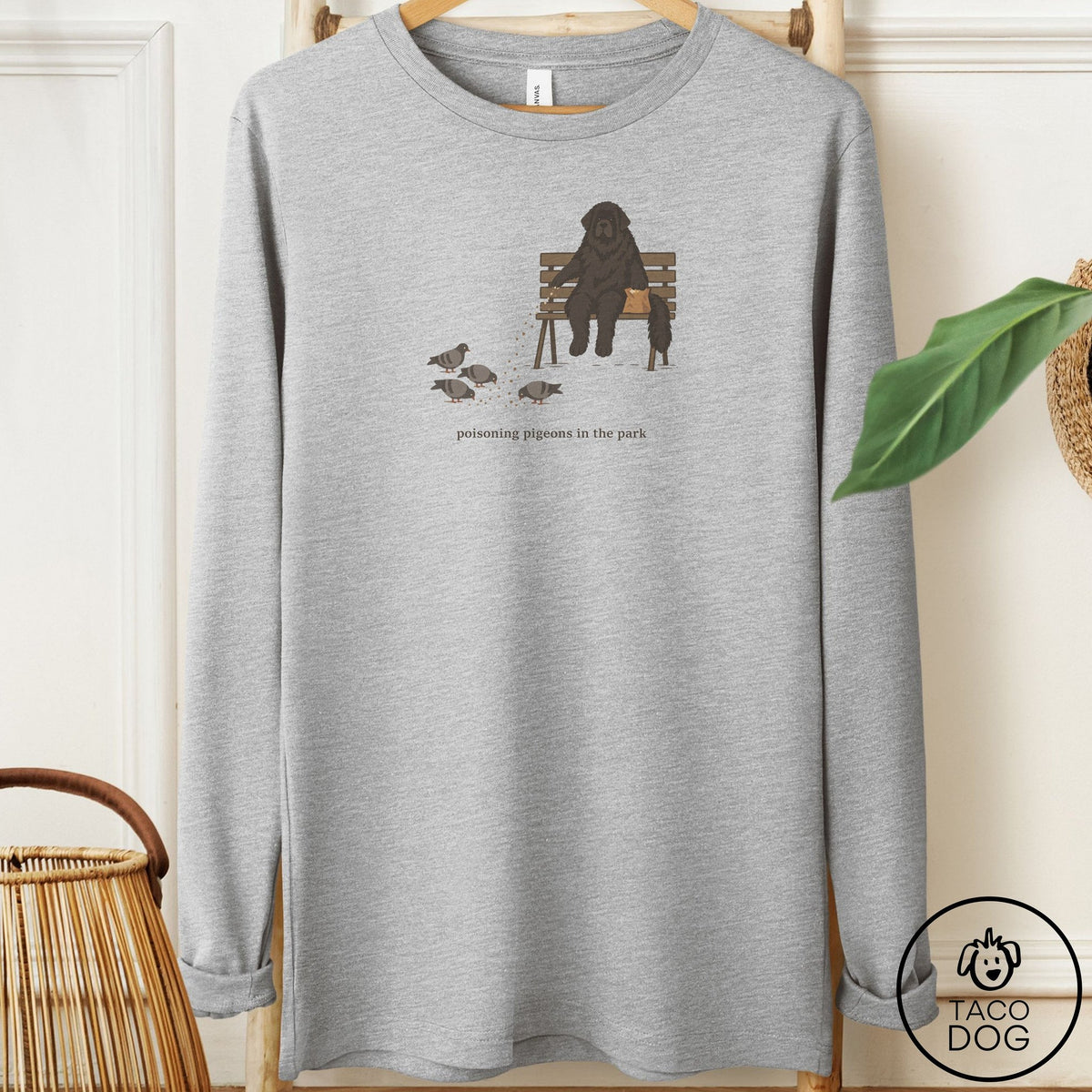 Newfoundland Pigeons in the Park Long Sleeve Tee Athletic Heather Taco-Dog