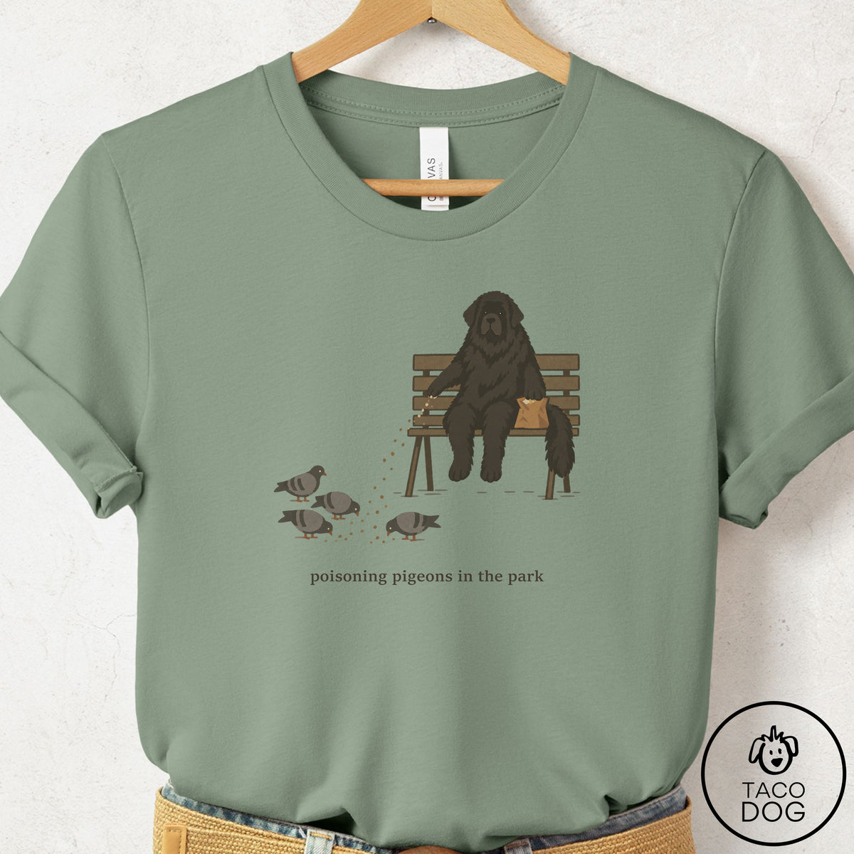 Newfoundland Pigeons in the Park T-Shirt Sage Taco-Dog