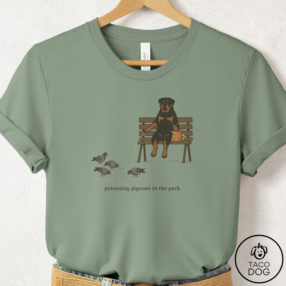 Rottweiler Pigeons in the Park T-Shirt Sage Taco-Dog