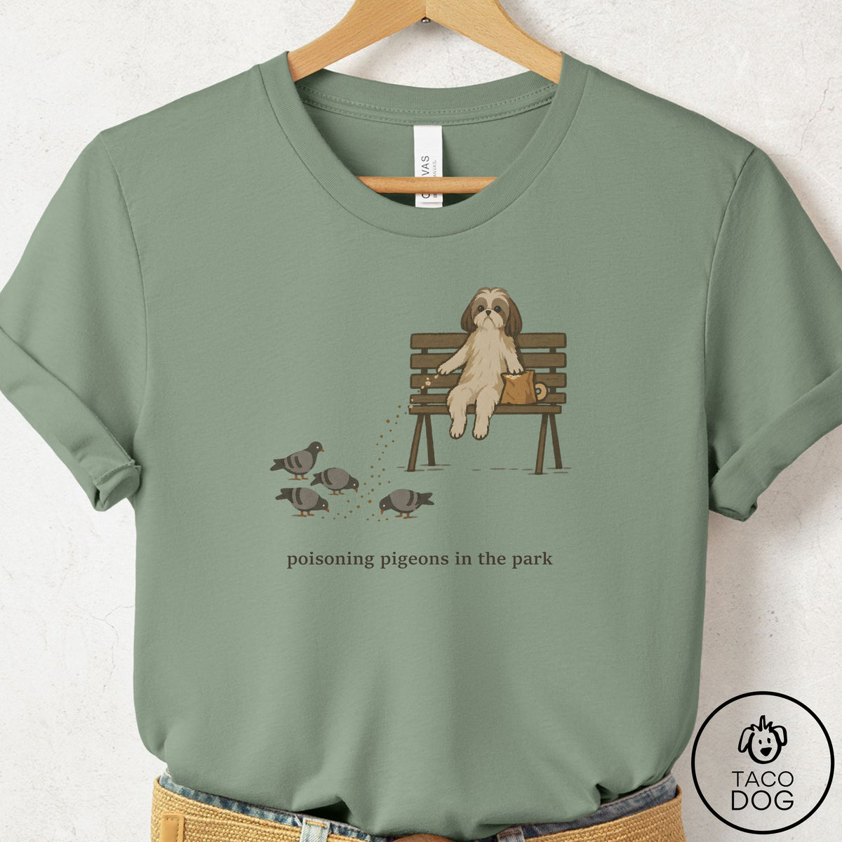 Shih Tzu Pigeons in the Park T-Shirt Sage Taco-Dog