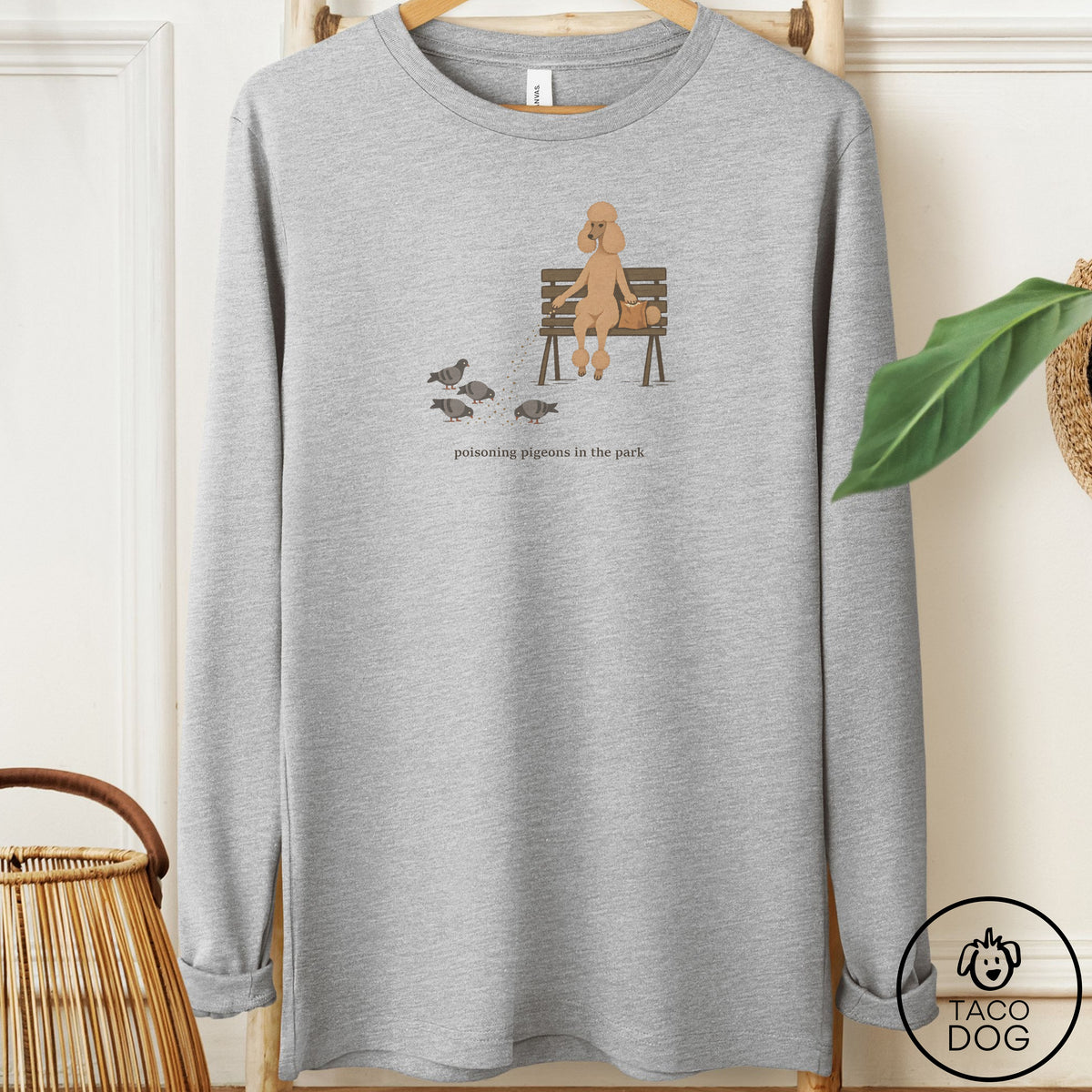 Poodle Pigeons in the Park Long Sleeve Tee Athletic Heather Taco-Dog