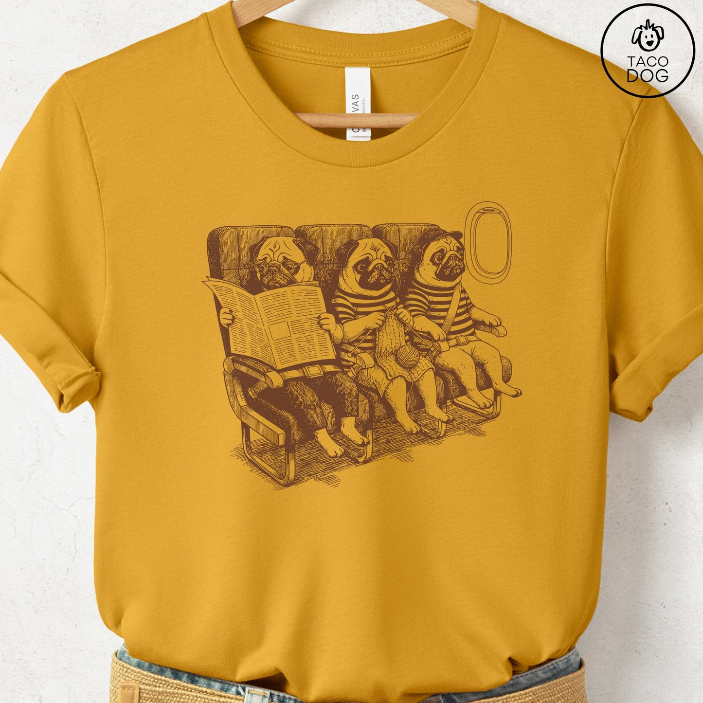 Pug Departures T-Shirt Mustard S Taco-Dog