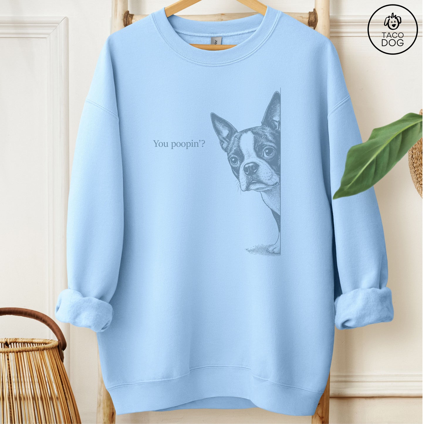 Boston Terrier Poopin Sweatshirt Light Blue Taco-Dog